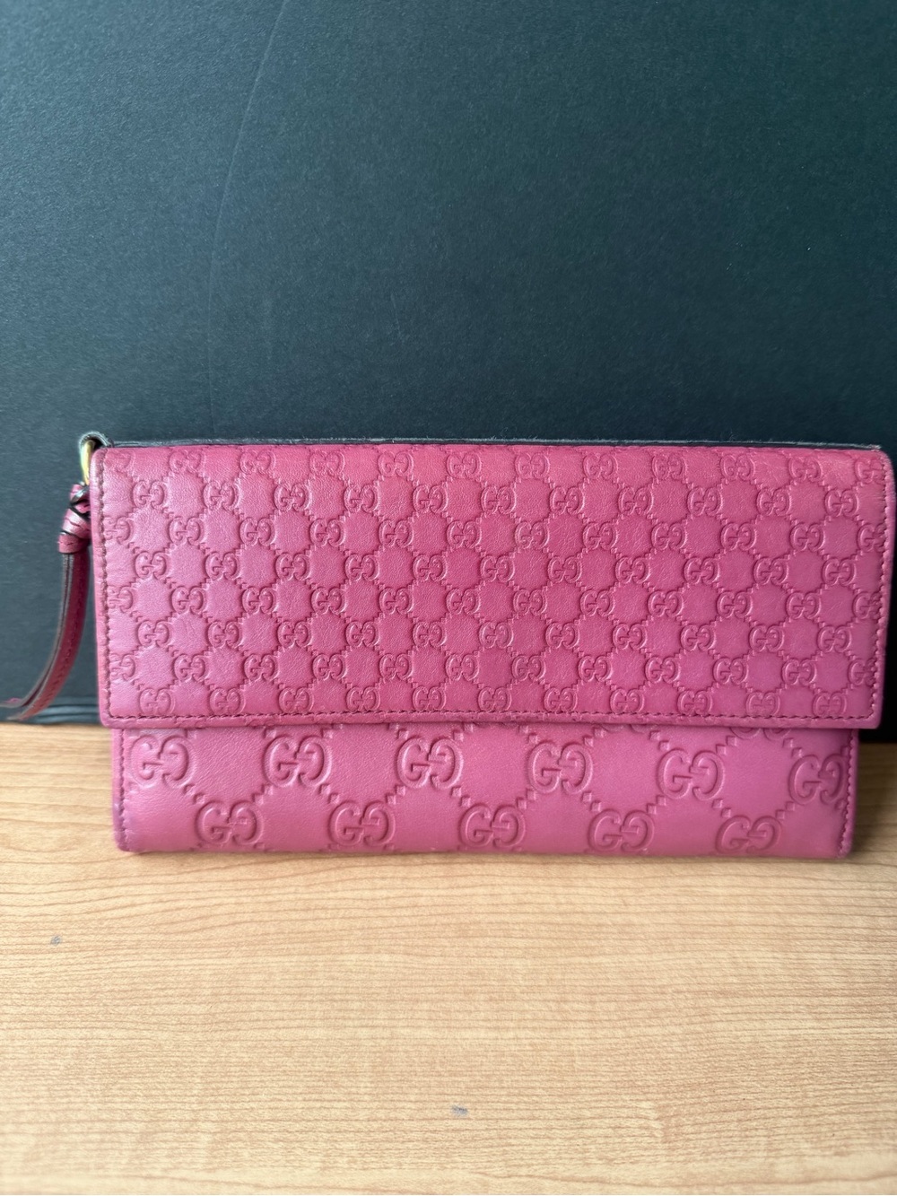 Gucci Raspberry Pink Embossed Leather Continental Wallet. 
Authentic COA include
